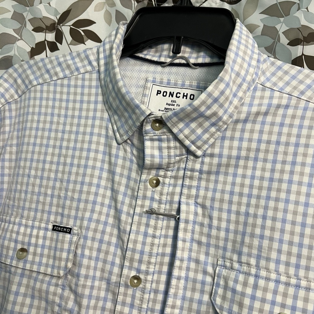Poncho Shirt Mens XXL Blue Plaid Regular Fit Fishing Stretch Vented Long Sleeve